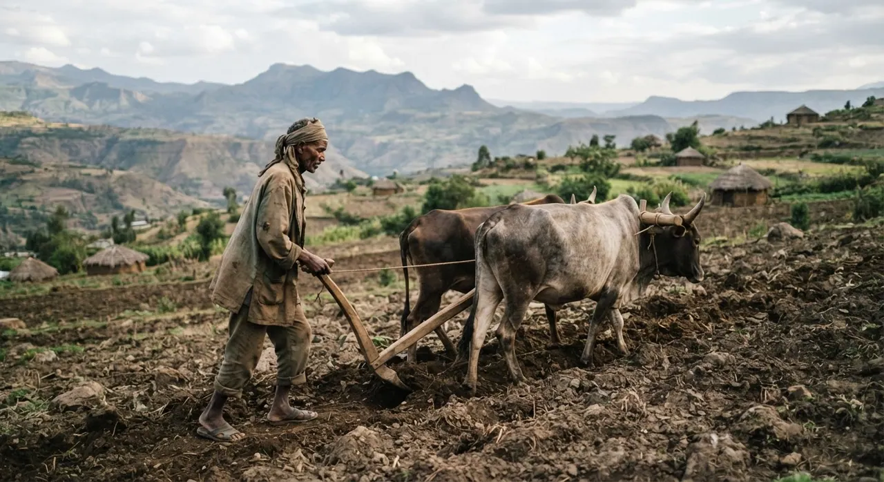 የኢትዮጵያ ገበሬ በሬዎችን ይዞ እርሻ የሚያርስ