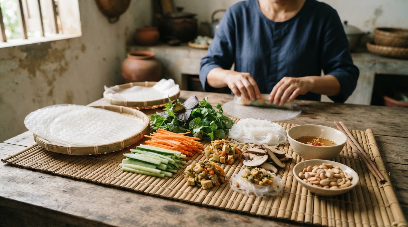 Nguyên liệu làm chả giò chay đặt trên chiếu tre