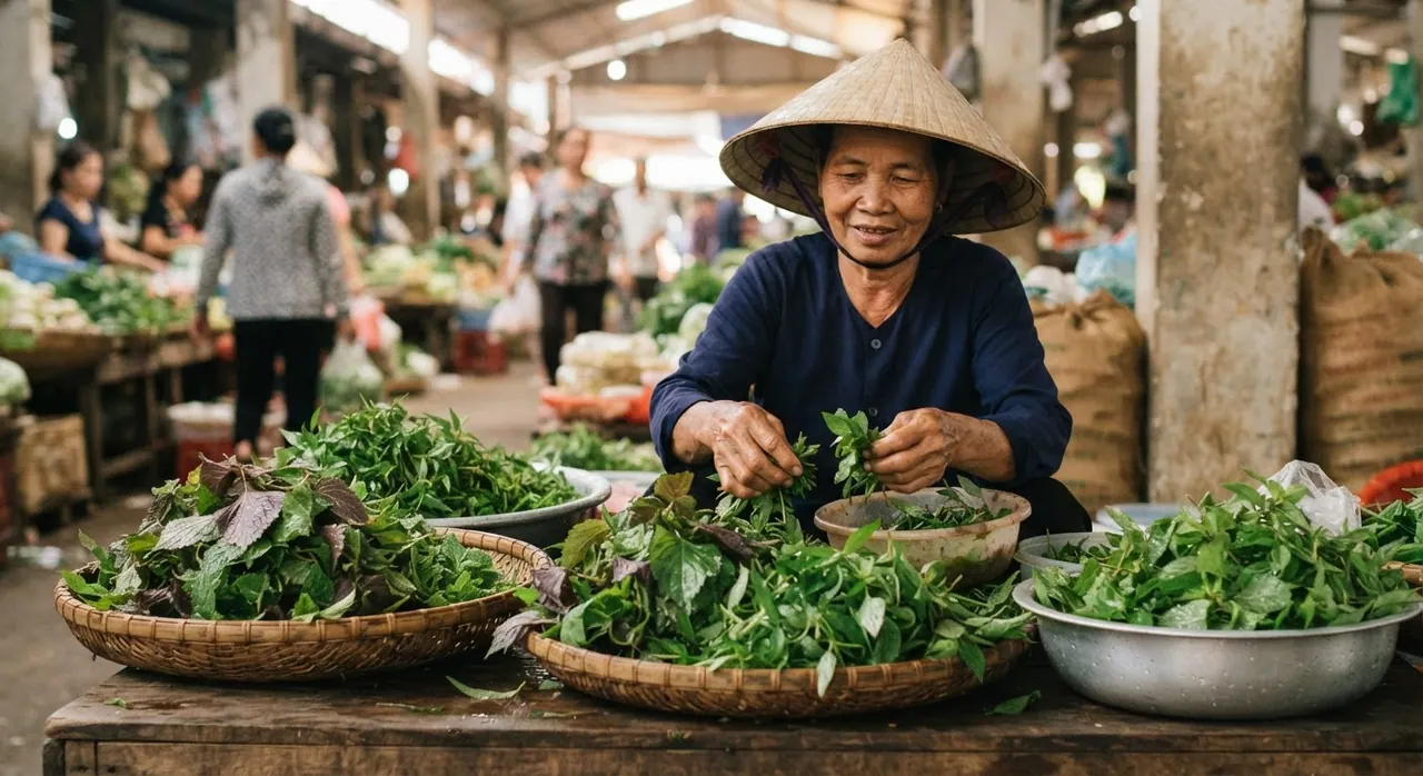Rau sống tươi ngon là thành phần không thể thiếu khi ăn bún chả giò chay.