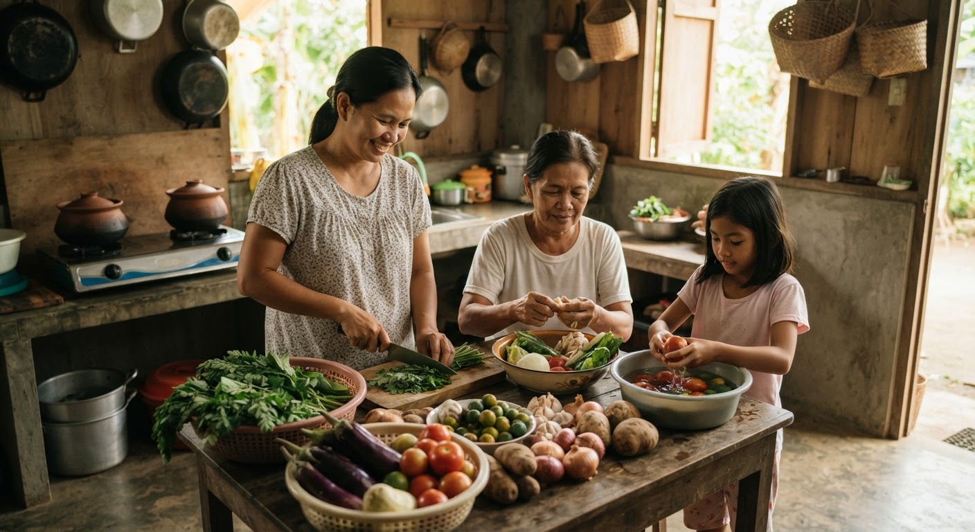 Isang pamilyang Pilipino na naghahanda ng pagkain gamit ang sariwang gulay at prutas.