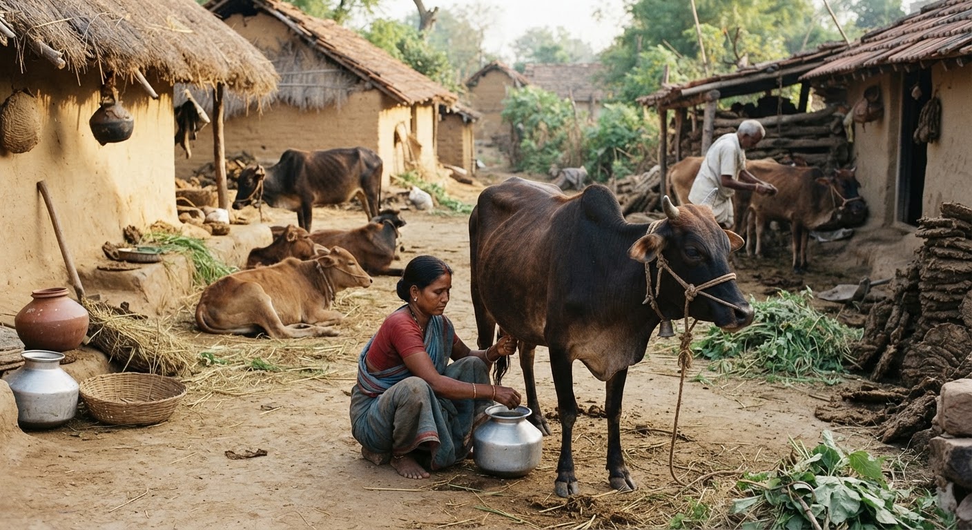 روایتی ہندوستانی گاؤں میں مویشی، جہاں دودھ کی پیداوار محدود پیمانے پر ہوتی تھی۔