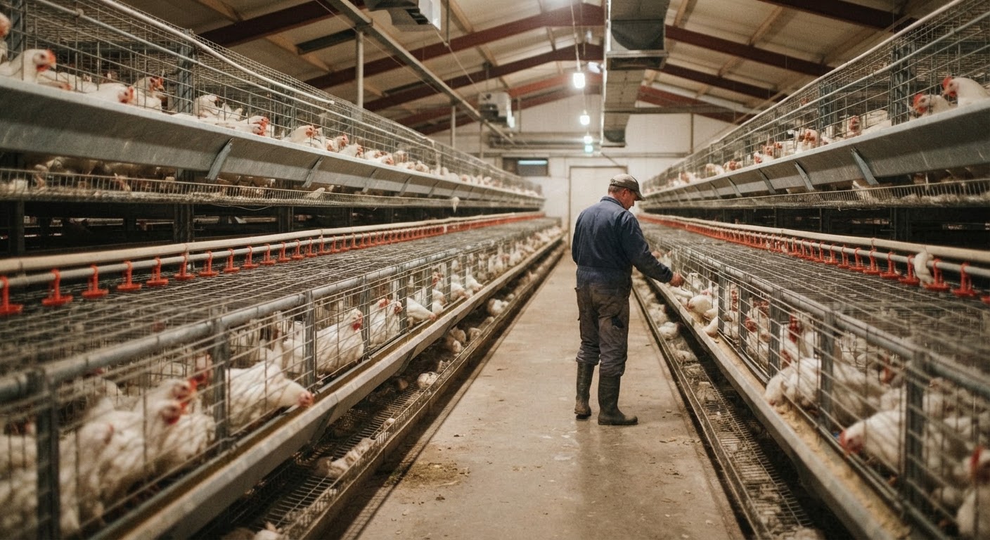Brenda një ferme industriale moderne të pulave, me rreshta të gjatë kafazësh të mbushur me zogj.