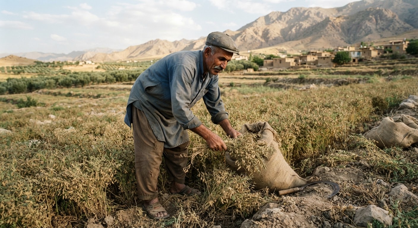 کشاورزی که در حال برداشت عدس در ایران است.