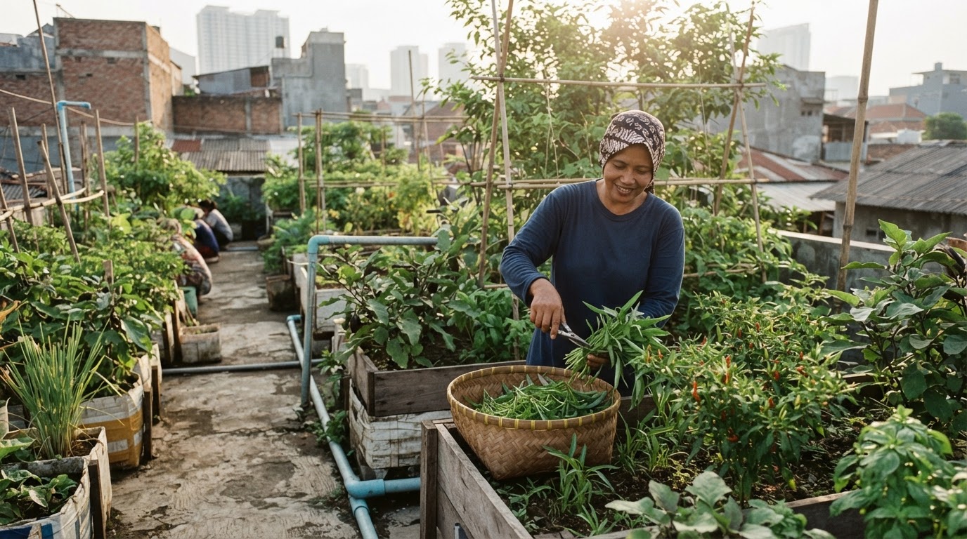 Kebun sayur urban kecil dengan tanaman Indonesia seperti kangkung dan cabai.