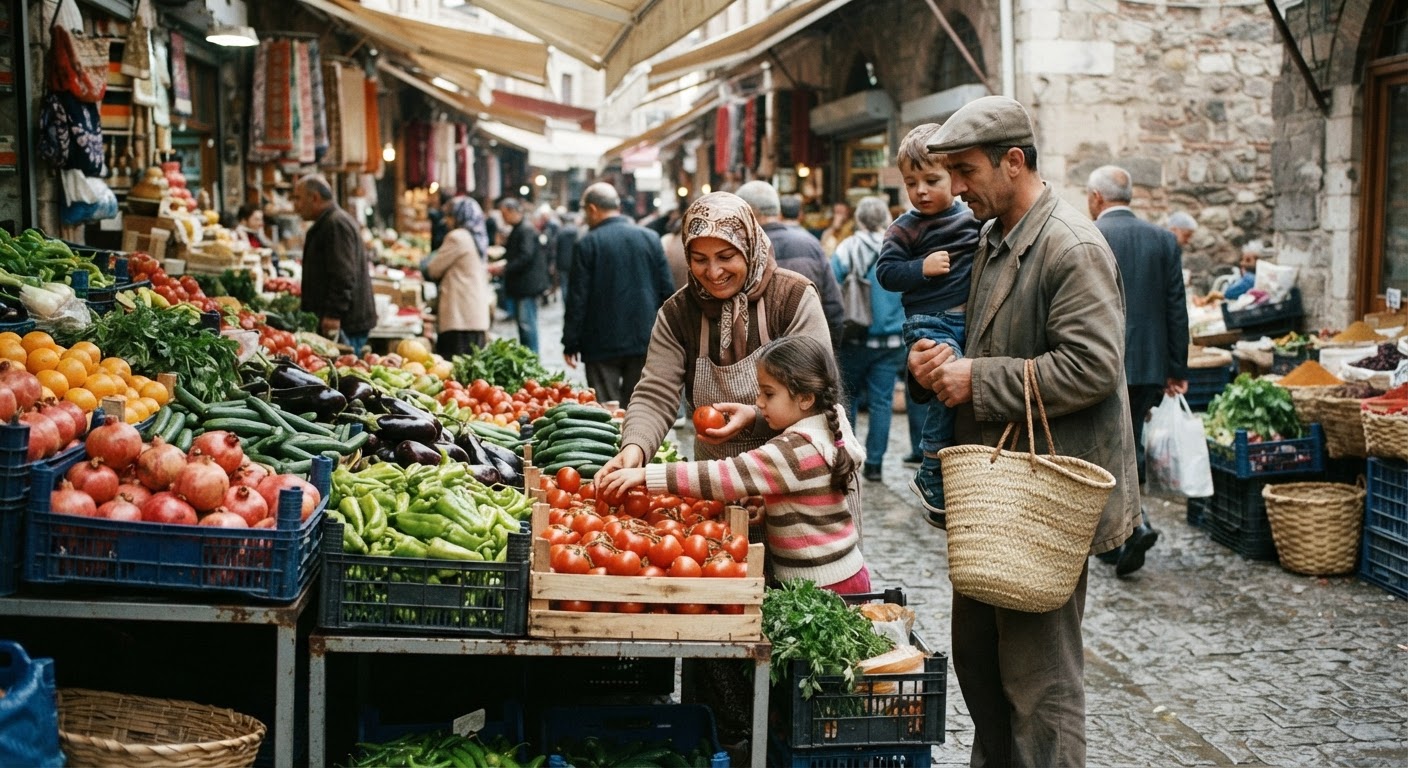 Geleneksel Türk pazarında taze sebze ve meyveler
