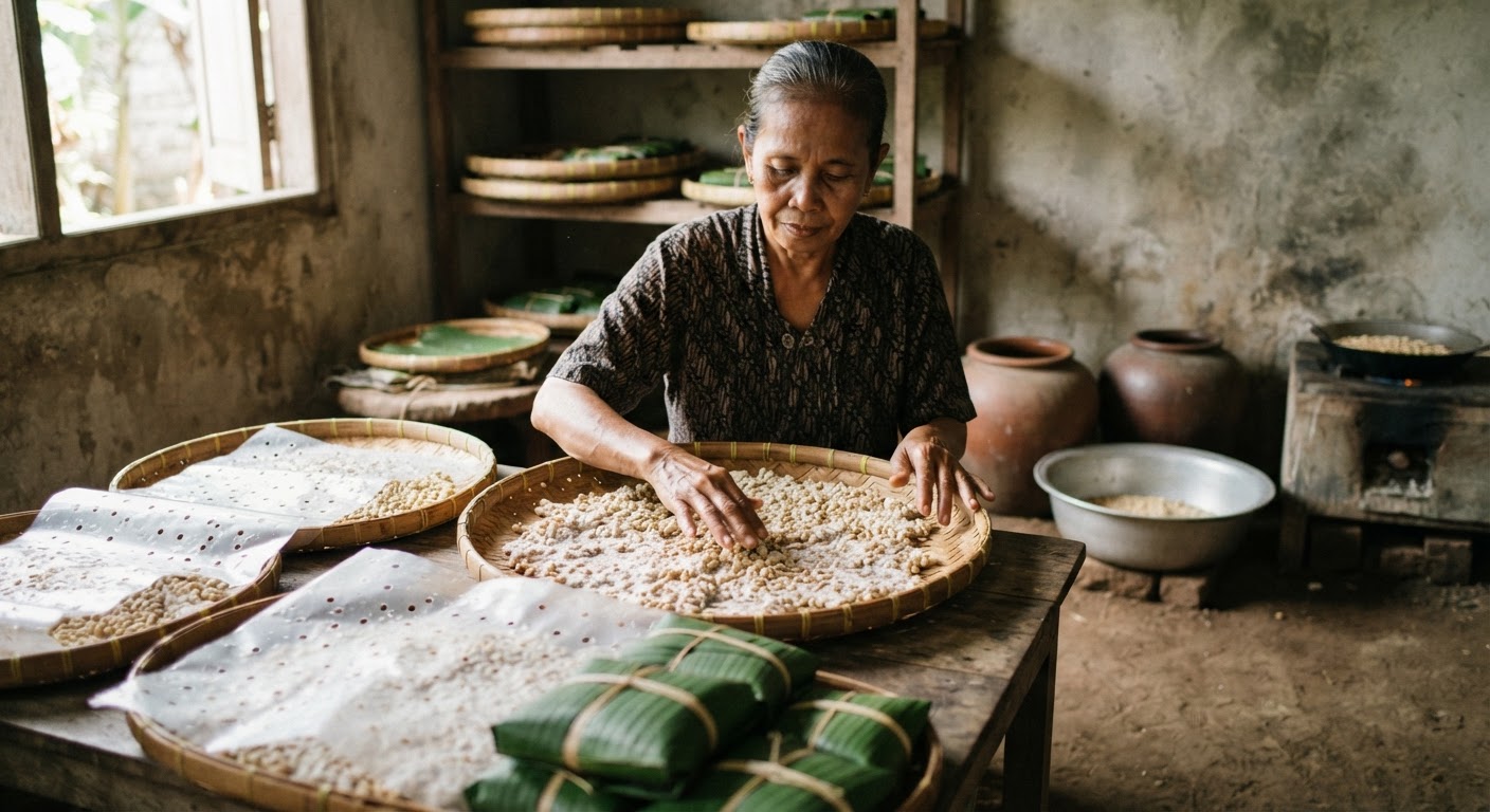 Proses fermentasi kedelai menjadi tempe menggunakan ragi tempe.