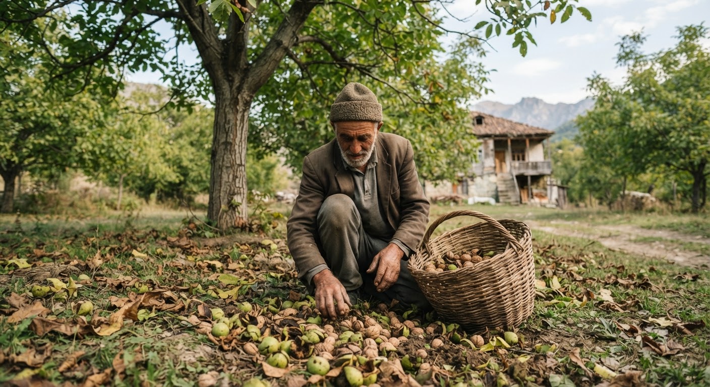 საქართველოს ფერმერი თხილს კრეფს.
