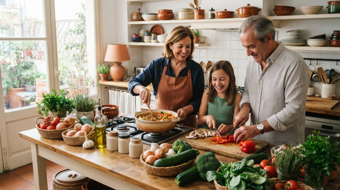 Una familia española cocinando junta con abundancia de verduras frescas en una cocina luminosa.