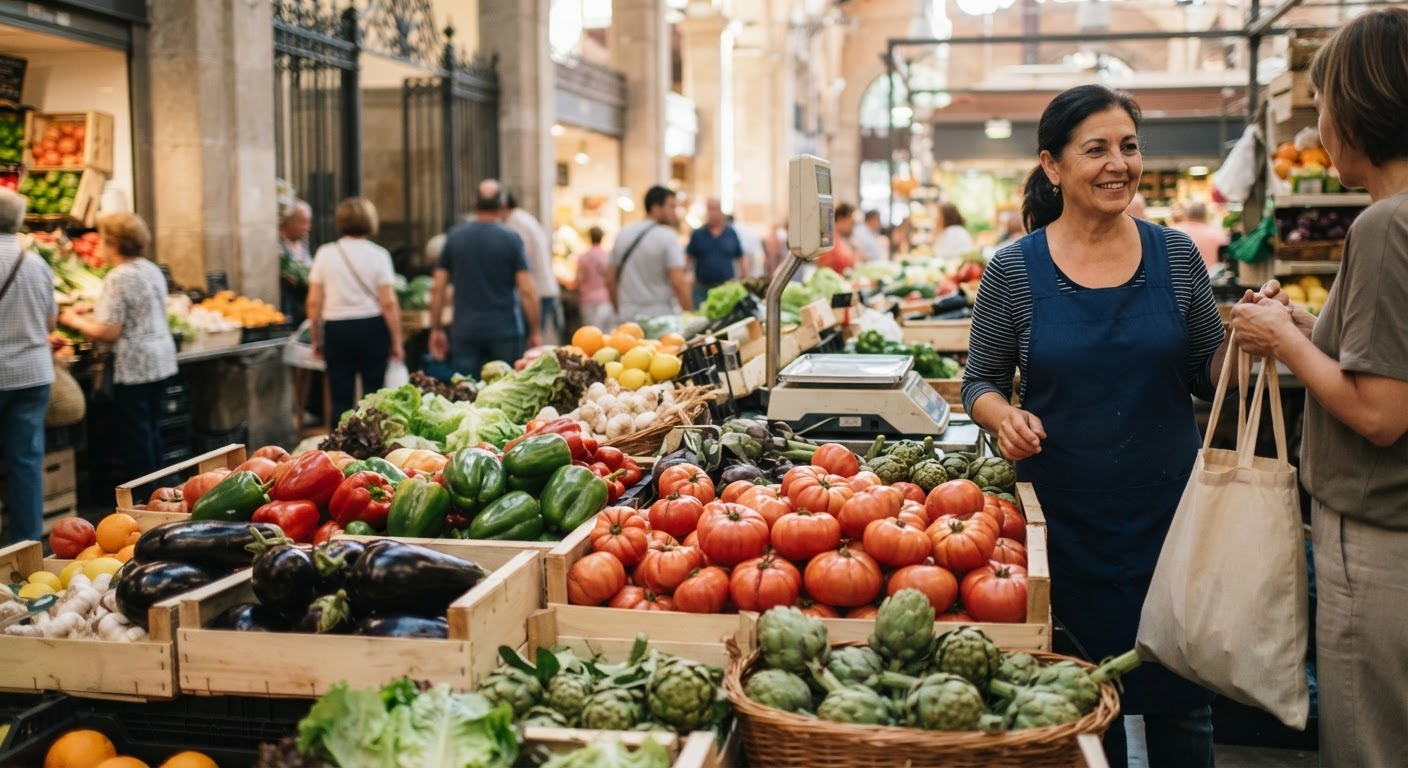 Un vibrante mercado local en España, rebosante de productos frescos de temporada, como tomates, pimientos y berenjenas, pilares de la dieta mediterránea.