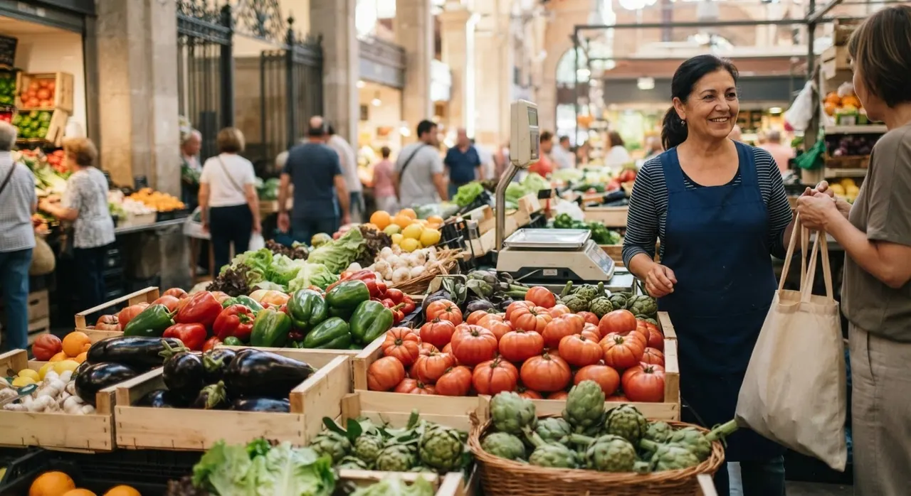 Un vibrante mercado local en España, rebosante de productos frescos de temporada, como tomates, pimientos y berenjenas, pilares de la dieta mediterránea.