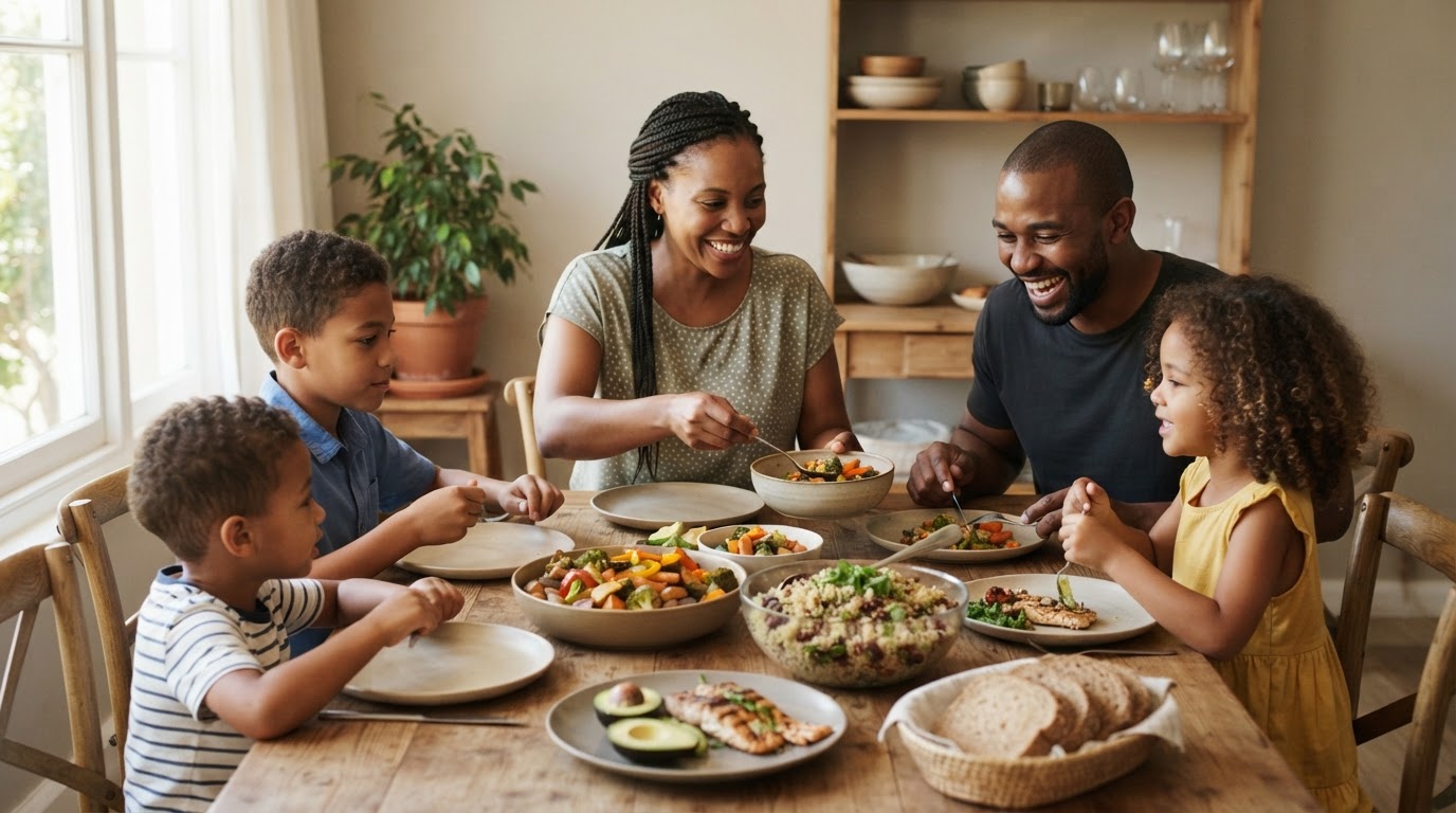 Uma família diversa reunida à mesa, desfrutando de uma refeição colorida e saudável, com foco em vegetais e grãos.