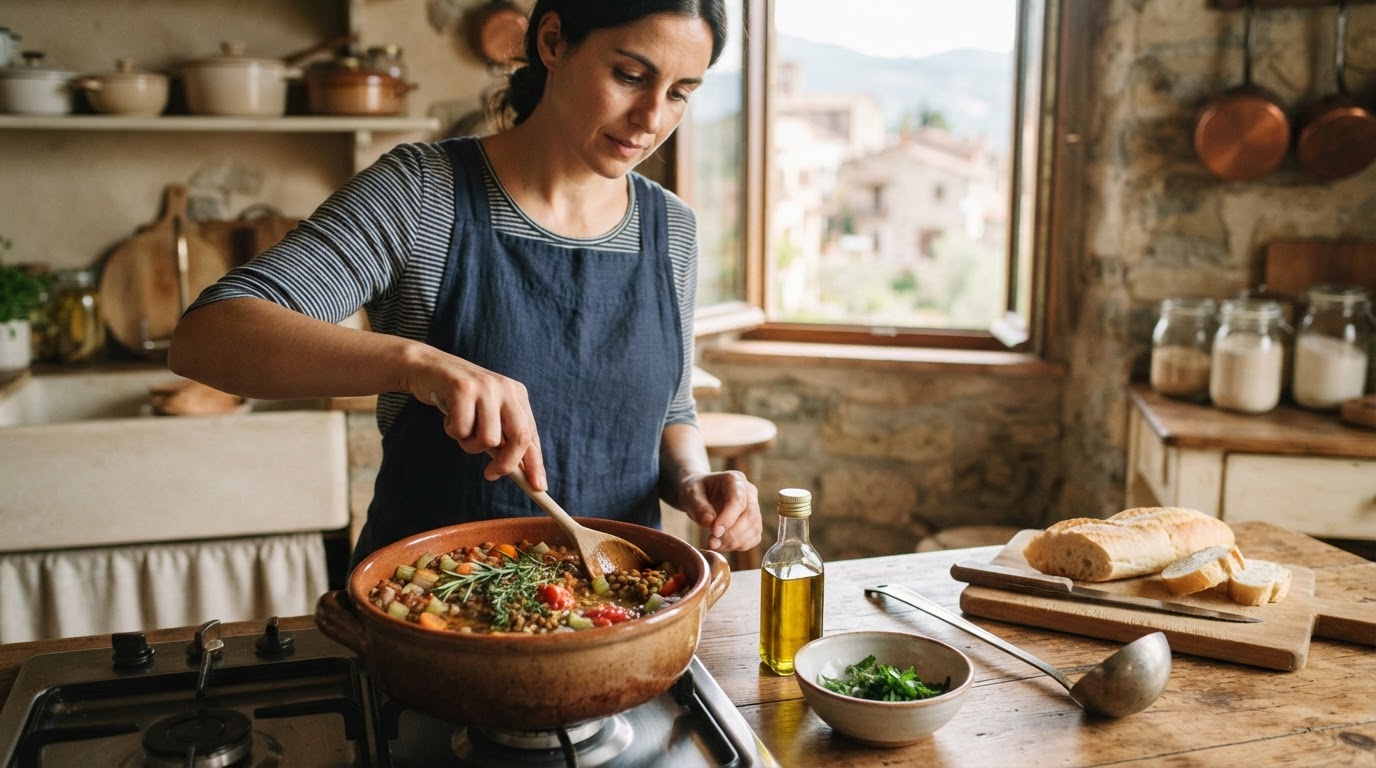Stufato italiano di lenticchie con verdure e olio d'oliva