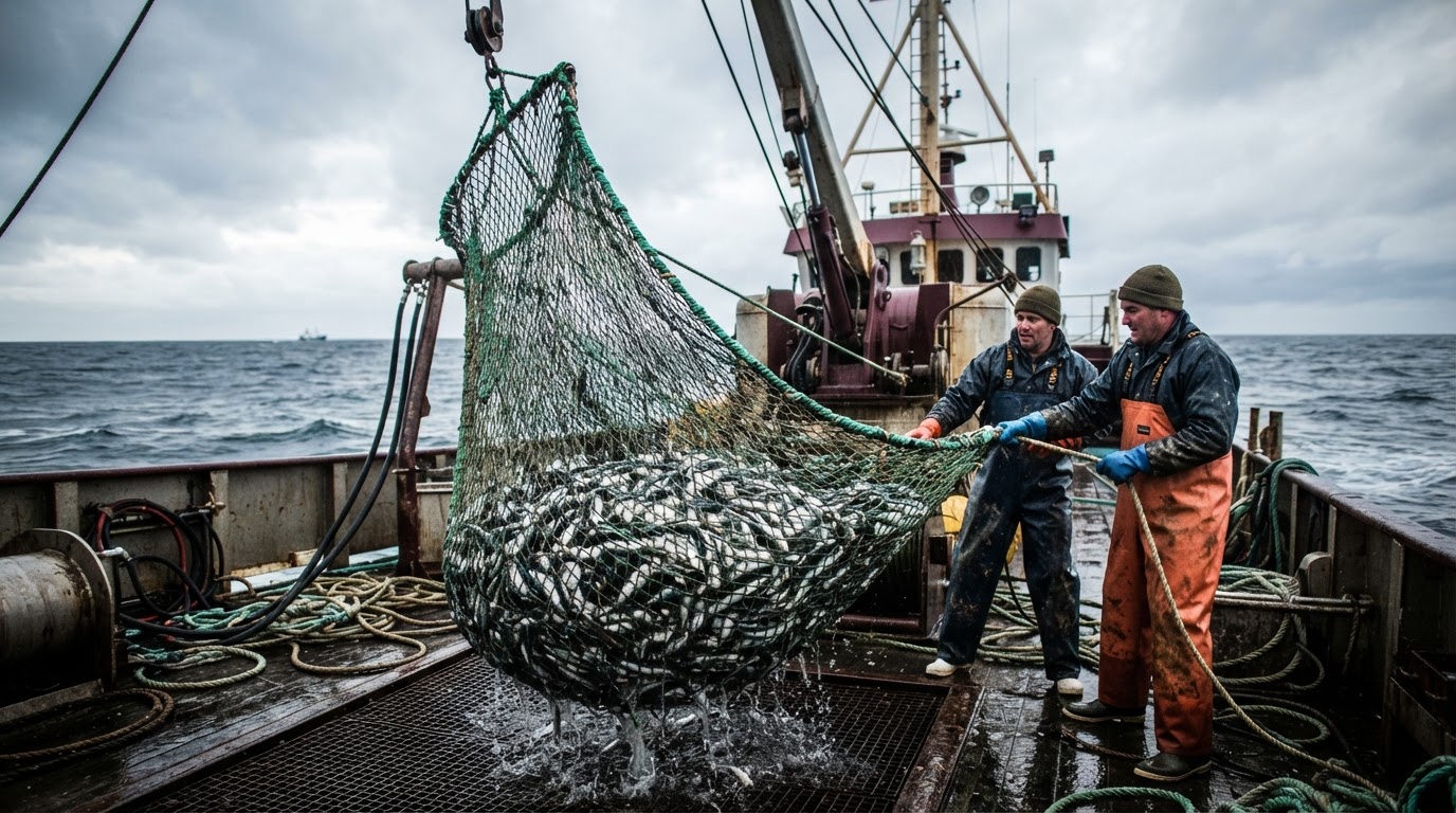 Un chalutier de pêche avec un filet rempli de petits poissons sauvages.