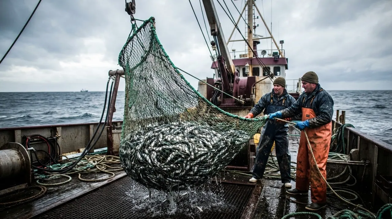 Un chalutier de pêche avec un filet rempli de petits poissons sauvages.