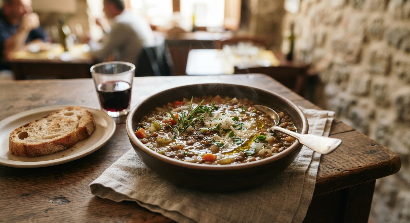 Una nutriente zuppa di lenticchie italiane, esempio di piatto completo e sostenibile.