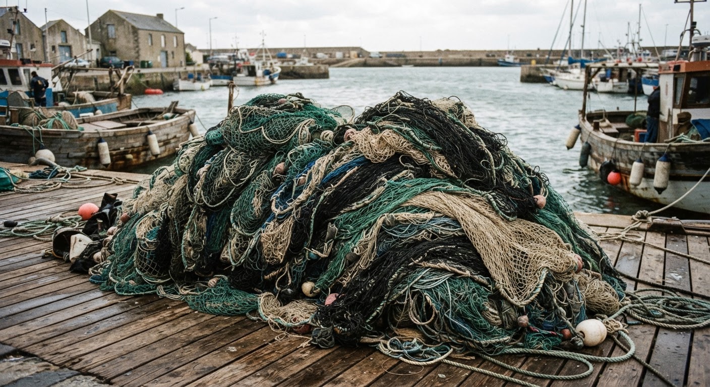 Les filets de pêche, témoins de l'ampleur de l'exploitation marine.