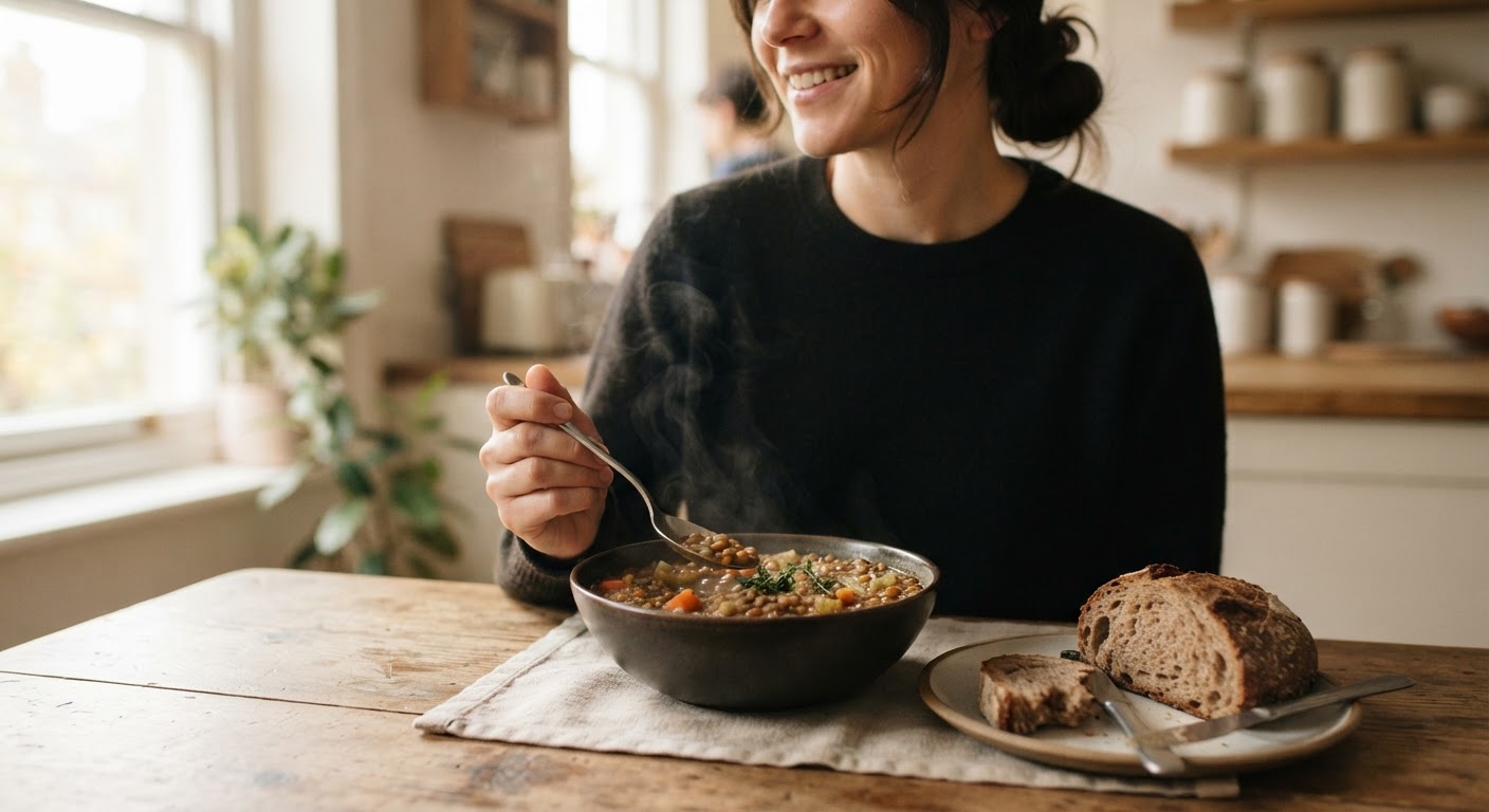 Eine herzhafte Linsensuppe ist eine ausgezeichnete und sättigende Proteinquelle.