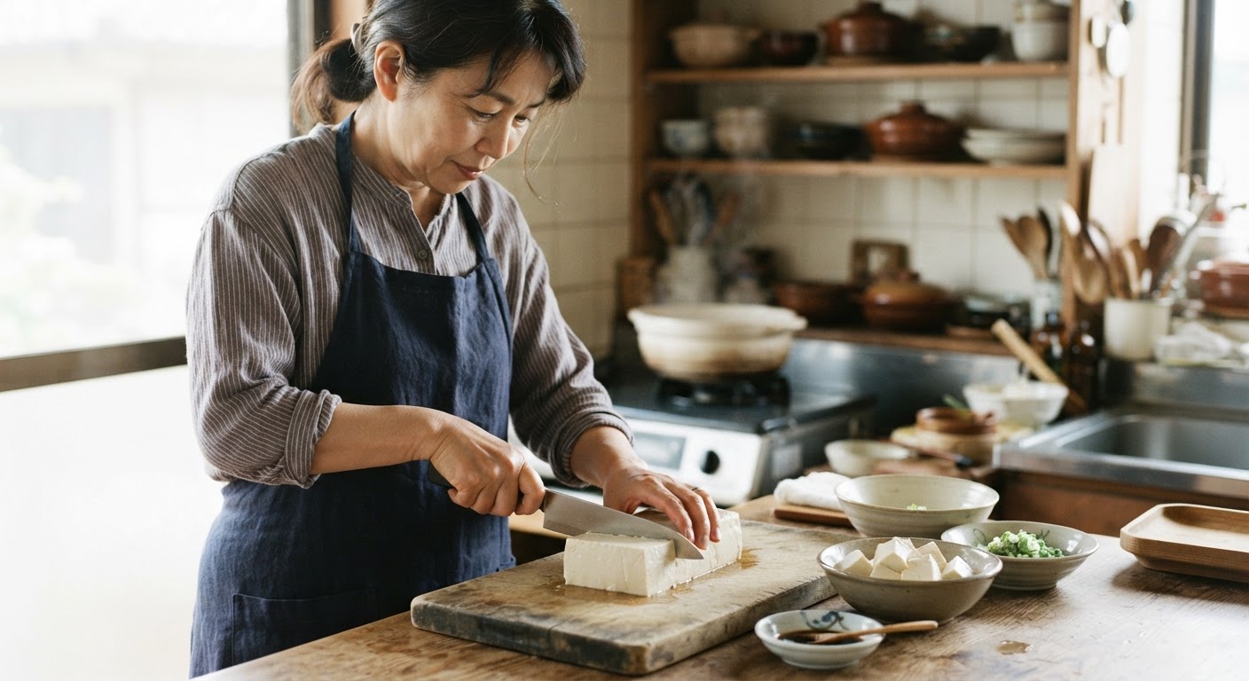 日本人女性が豆腐を準備している様子