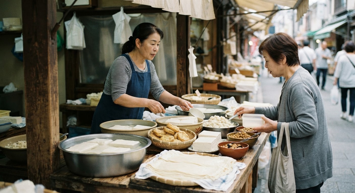 日本の市場に並ぶ、新鮮な豆腐や多様な大豆加工品。