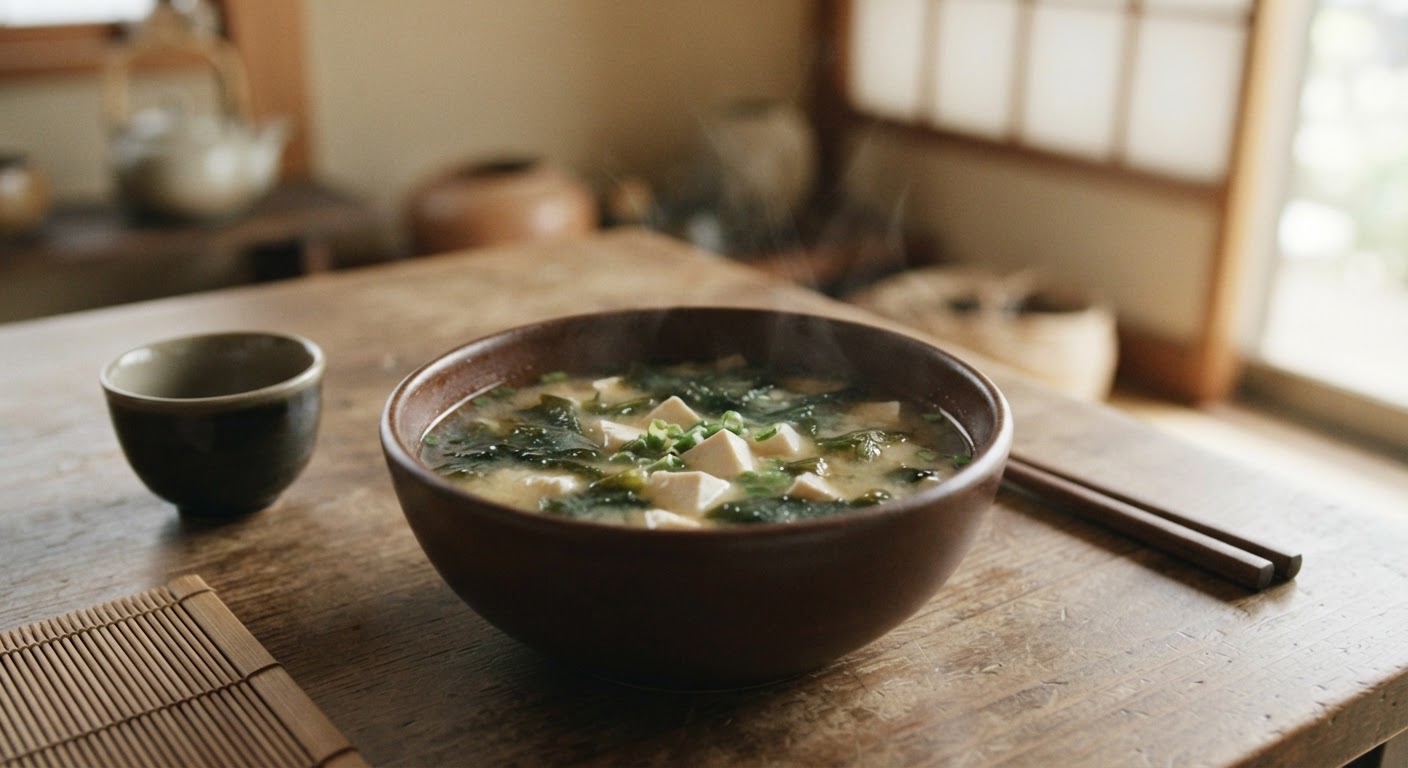 豆腐とワカメが入った味噌汁は、日本の食卓の定番。