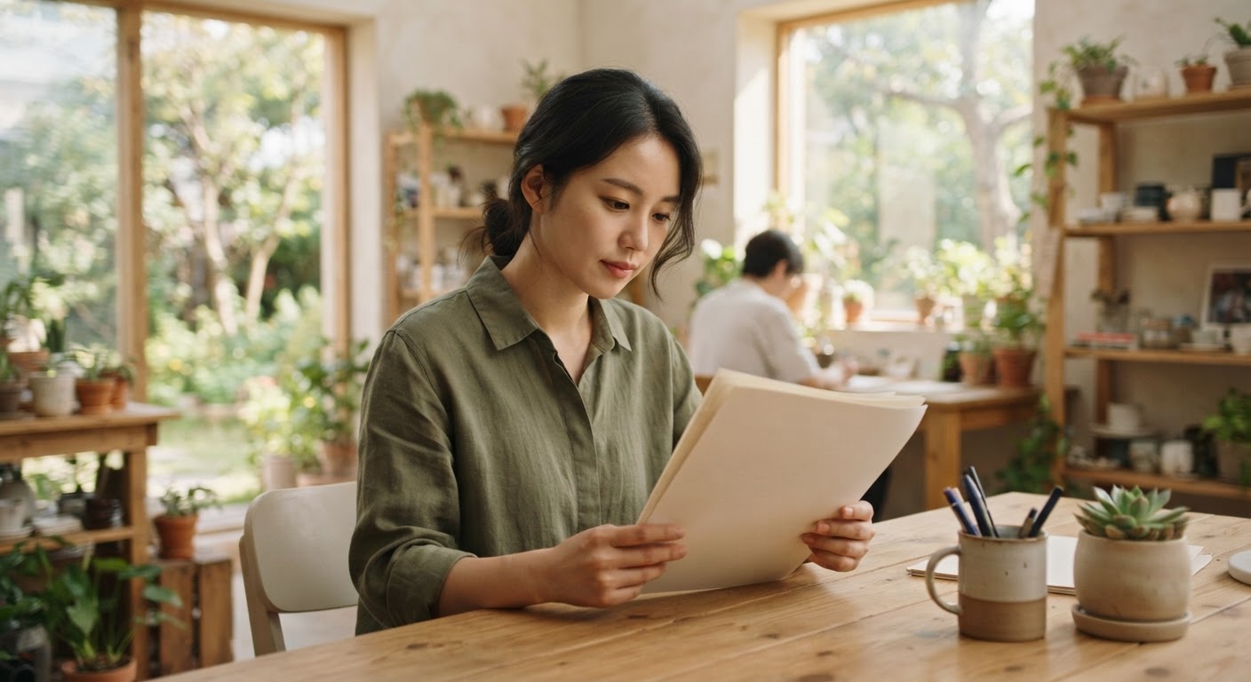책상에 앉아 보고서를 읽고 있는 한국 여성