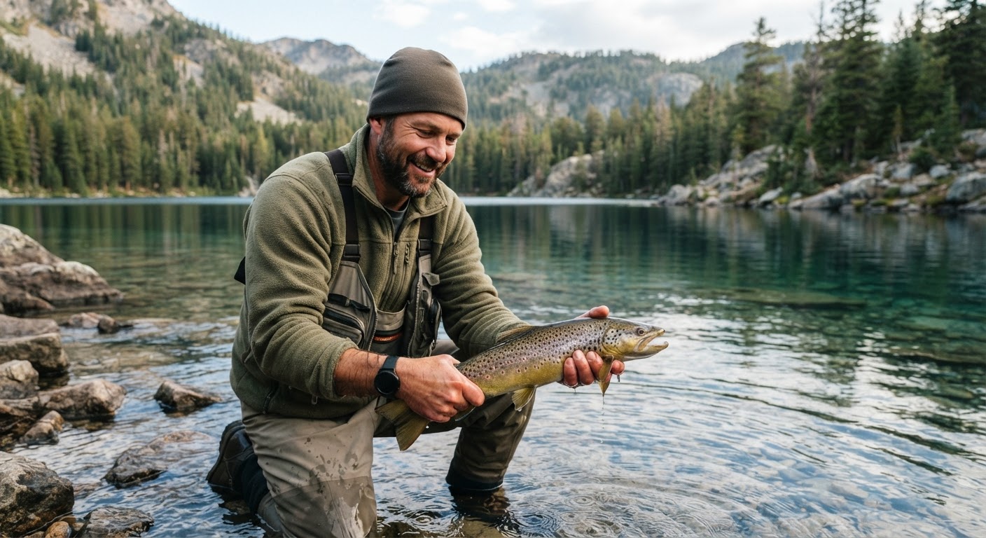 An angler holds up a freshly caught trout near a clear lake.