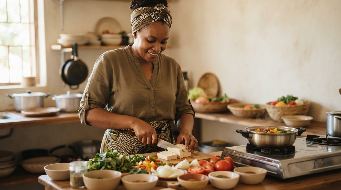 Mwanamke wa Kiafrika akitayarisha chakula na tofu