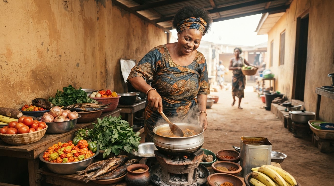 Obìnrin Yorùbá kan tó n sèé onírúurú oúnjẹ pẹ̀lú àwọn ohun èlò ilẹ̀ Nàìjíríà.