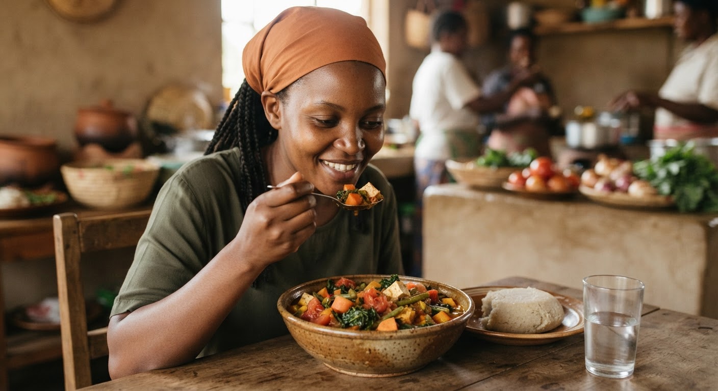 Mlo wa kitoweo cha mboga na tofu, ukiunganisha ladha za kienyeji na lishe bora.