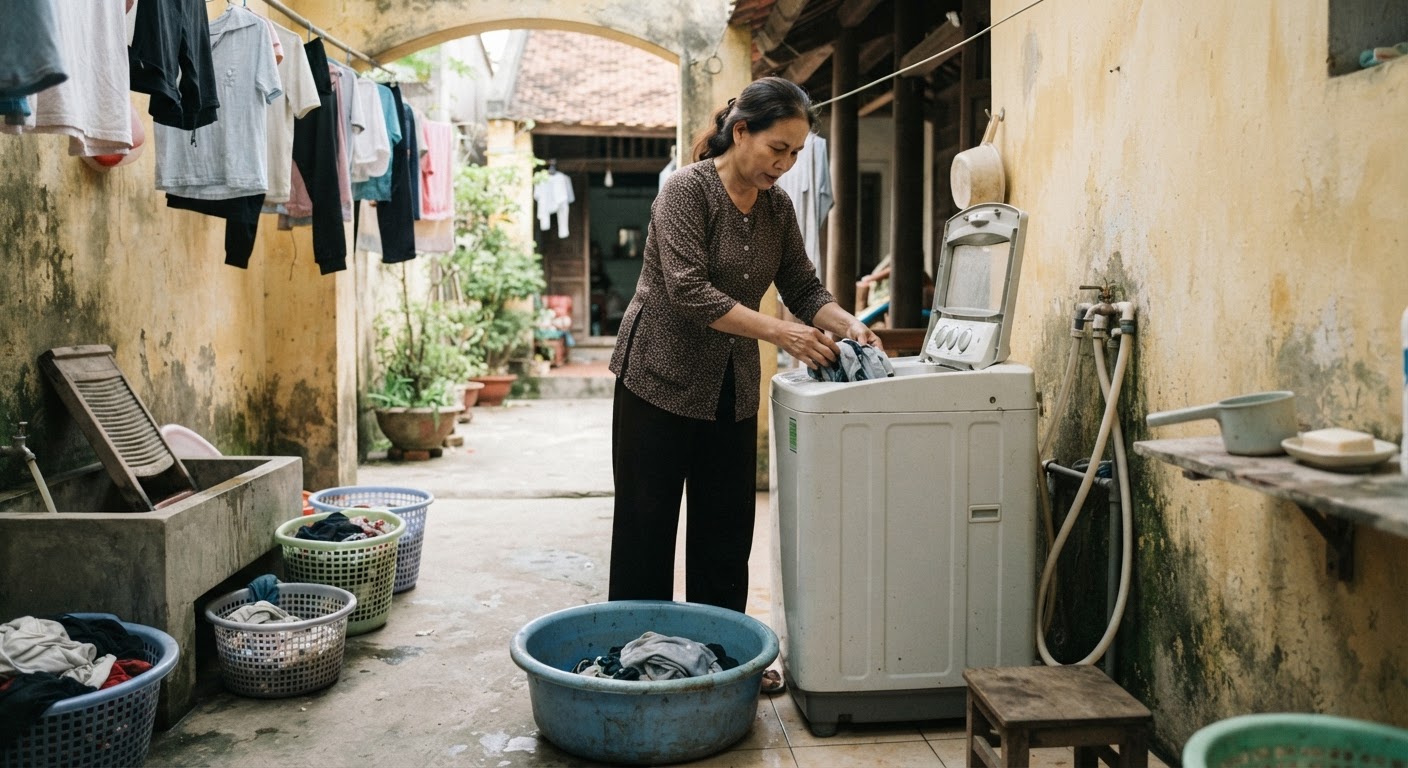 Một phụ nữ đang giặt quần áo trong một hộ gia đình ở Việt Nam với máy giặt