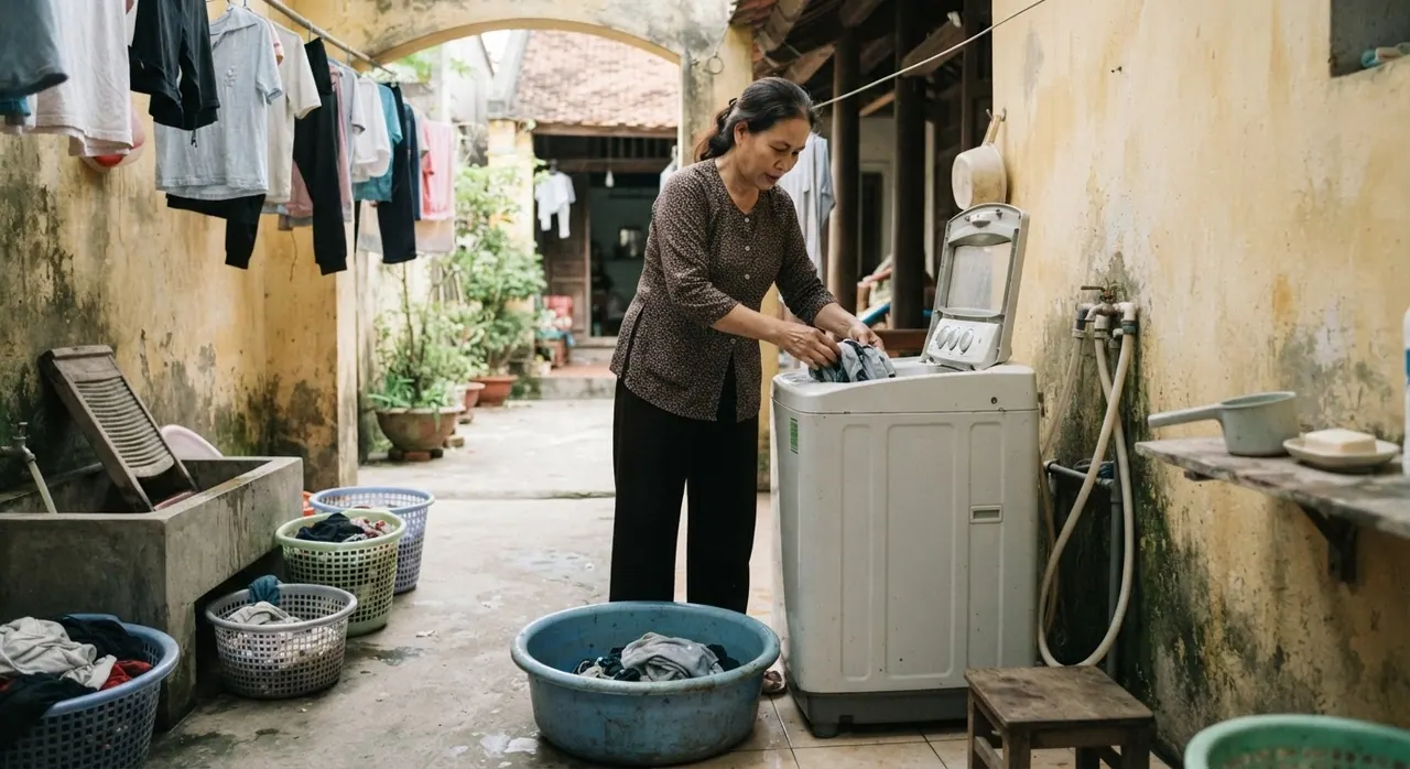 Một phụ nữ đang giặt quần áo trong một hộ gia đình ở Việt Nam với máy giặt