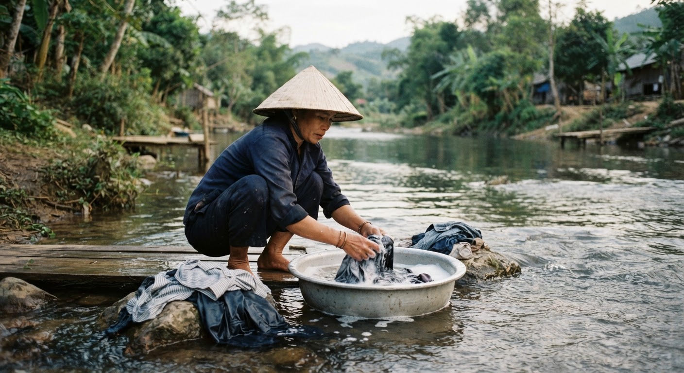 Giặt giũ thủ công bên bờ sông, một hình ảnh quen thuộc ở nhiều vùng quê Việt Nam, cũng góp phần gây ô nhiễm nguồn nước.