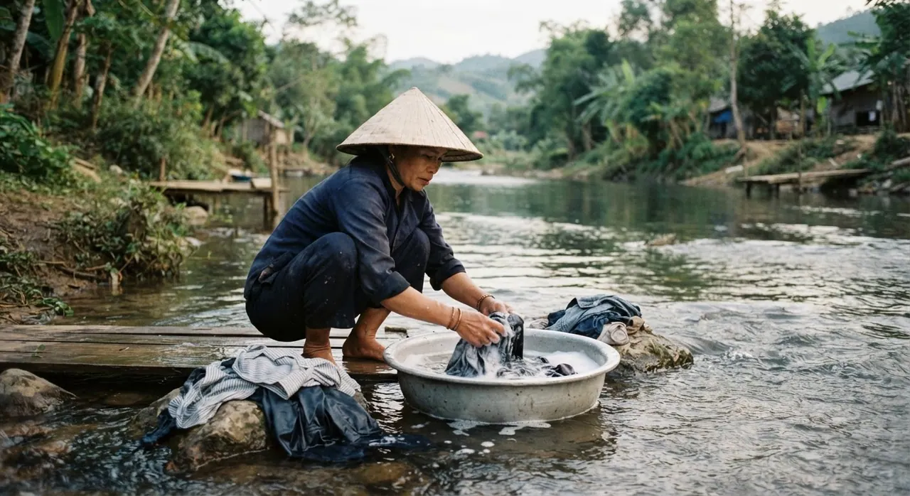 Giặt giũ thủ công bên bờ sông, một hình ảnh quen thuộc ở nhiều vùng quê Việt Nam, cũng góp phần gây ô nhiễm nguồn nước.