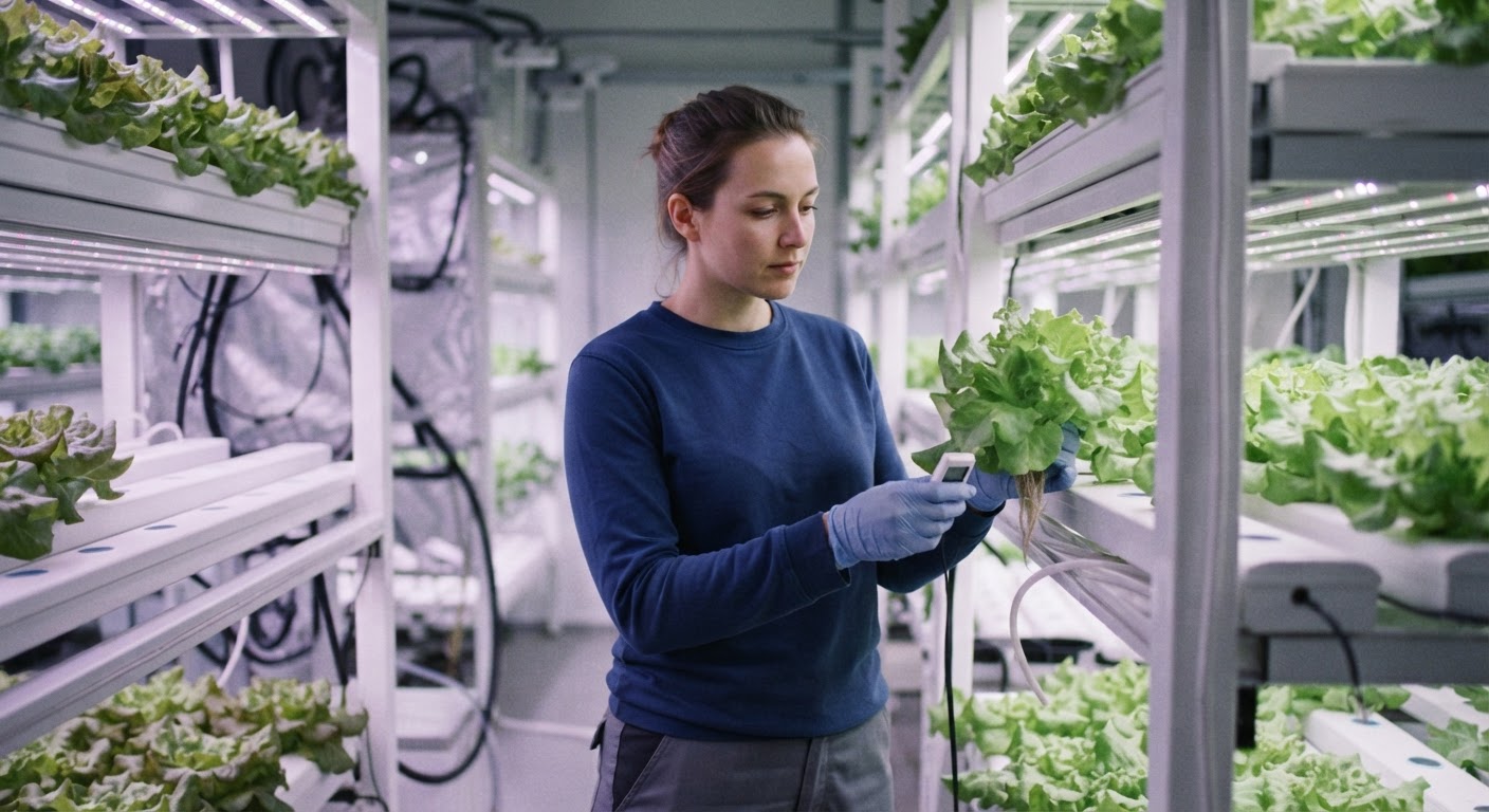 ஹைட்ரோபோனிக் முறையில் கீரைகளை ஆய்வு செய்யும் நிபுணர்.