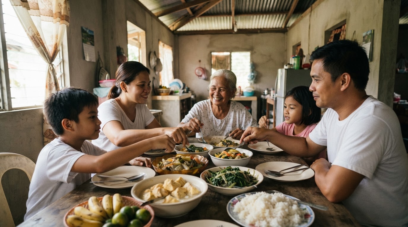 Isang pamilyang Pilipino na masayang kumakain sa hapag-kainan na puno ng iba't ibang gulay at prutas.