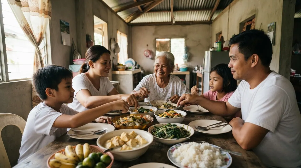 Isang pamilyang Pilipino na masayang kumakain sa hapag-kainan na puno ng iba't ibang gulay at prutas.