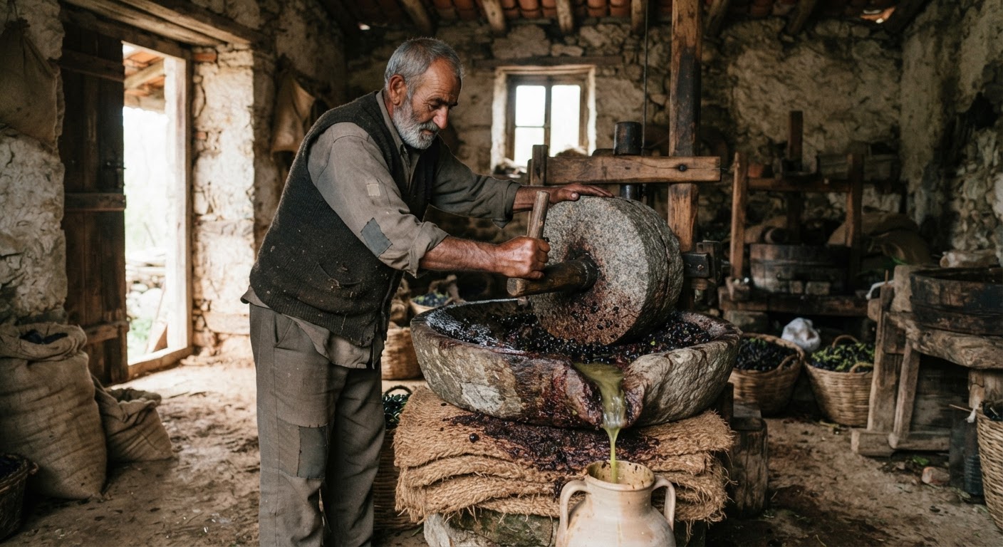 Një shtrydhëse tradicionale e ullinjve, simbol i përpunimit të vjetër të vajit në Shqipëri.