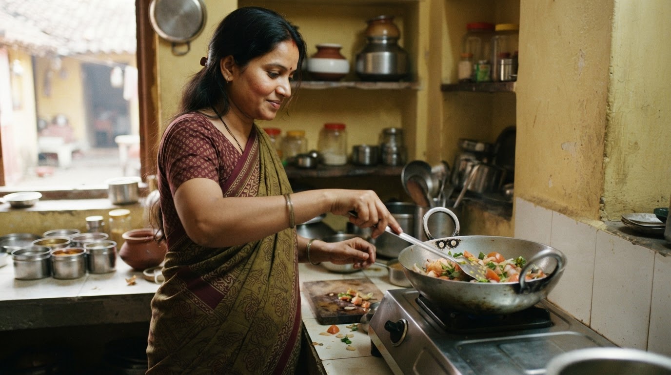 एक भारतीय महिला रसोई में सब्ज़ियाँ पका रही है
