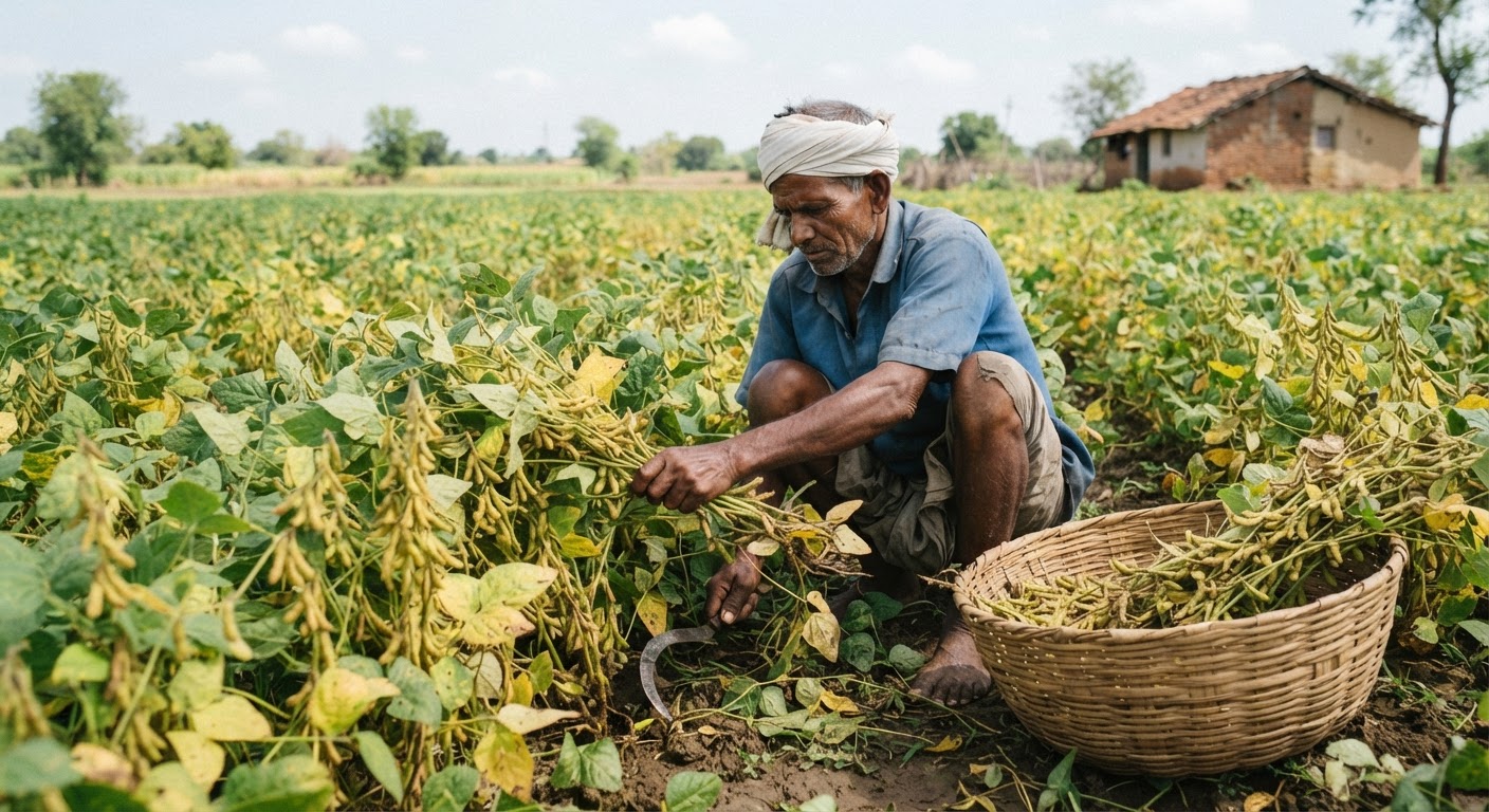सोयाबीन की खेती भारत में एक महत्वपूर्ण कृषि गतिविधि है, जो टोफू और सोया दूध जैसे शाकाहारी उत्पादों का आधार बनती है।
