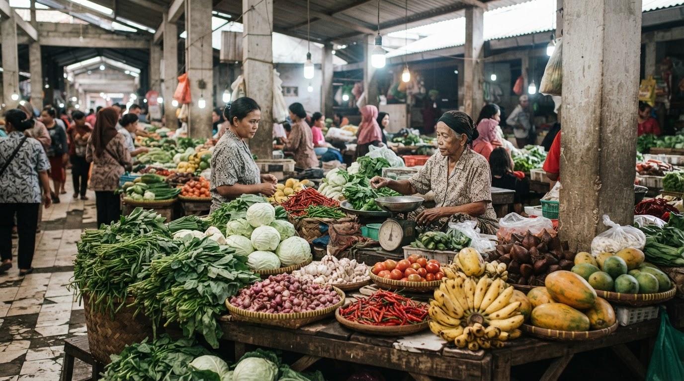 Stan pasar tradisional Indonesia yang menjual beragam sayuran dan buah-buahan segar.