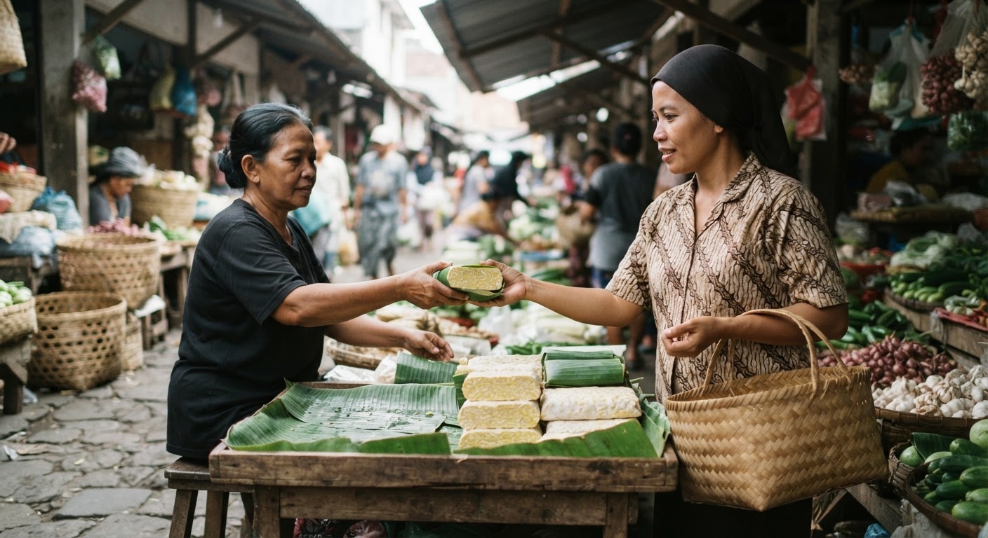 Membeli tempe segar langsung dari pengrajin di pasar tradisional.