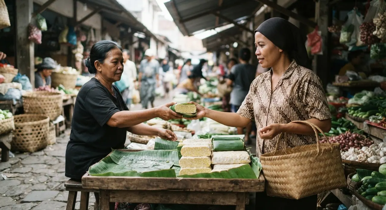 Membeli tempe segar langsung dari pengrajin di pasar tradisional.