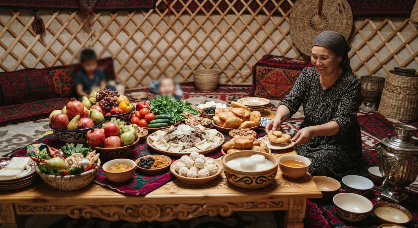 Дәстүрлі қазақ дастарханы, жемістер мен көкөністері мол