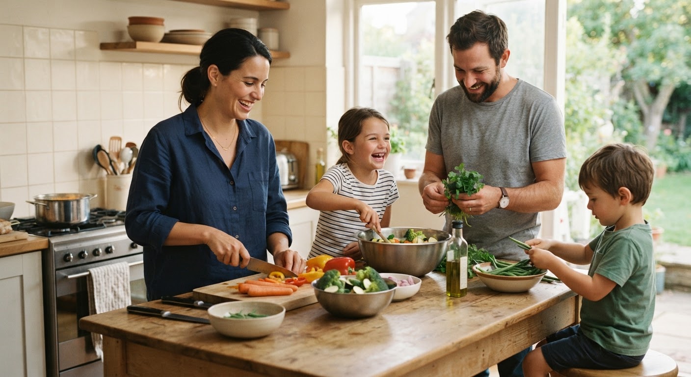 Una familia sonriente cocinando juntas verduras frescas en una cocina luminosa.