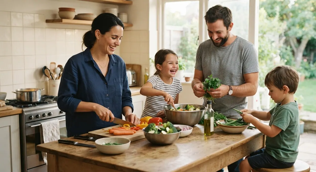 Una familia sonriente cocinando juntas verduras frescas en una cocina luminosa.