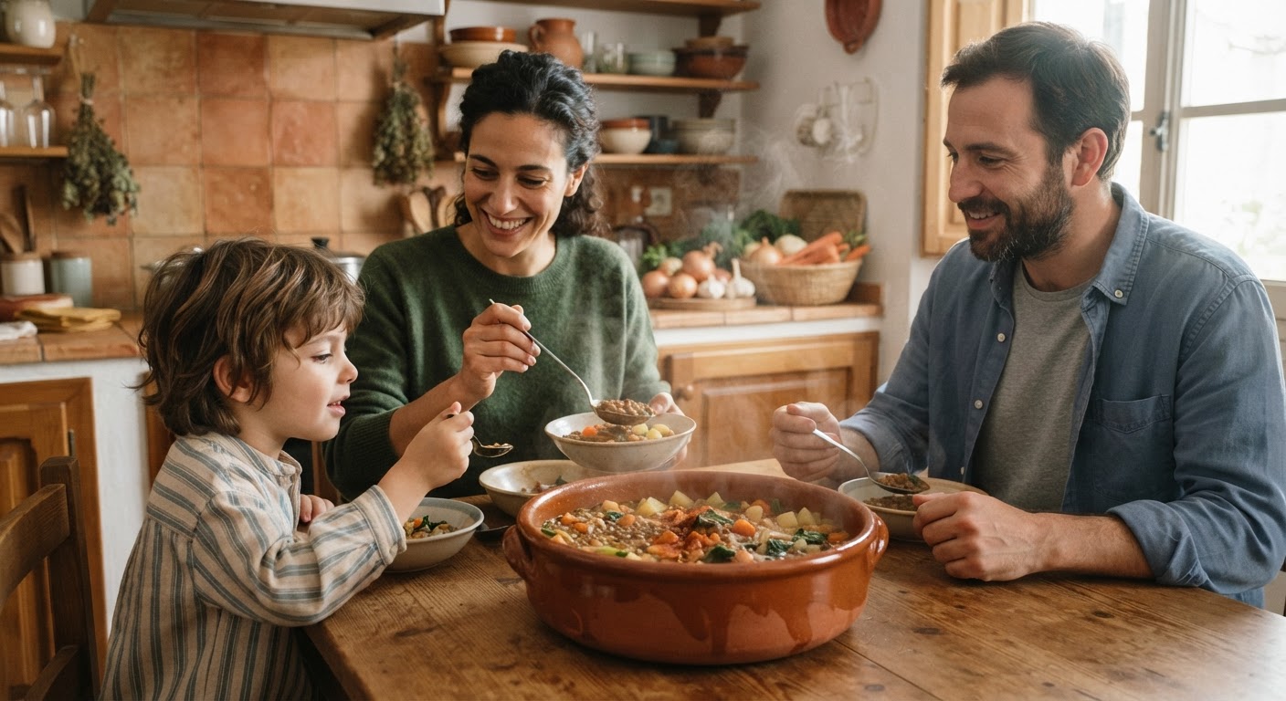 Un reconfortante estofado de lentejas con verduras, un plato vegano tradicional en muchas cocinas de habla hispana.