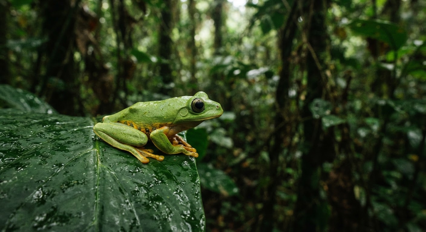 Uma rã vibrante pousada numa folha verde numa floresta tropical.