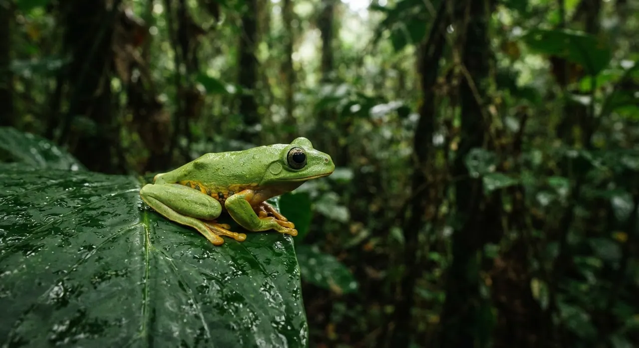 Uma rã vibrante pousada numa folha verde numa floresta tropical.