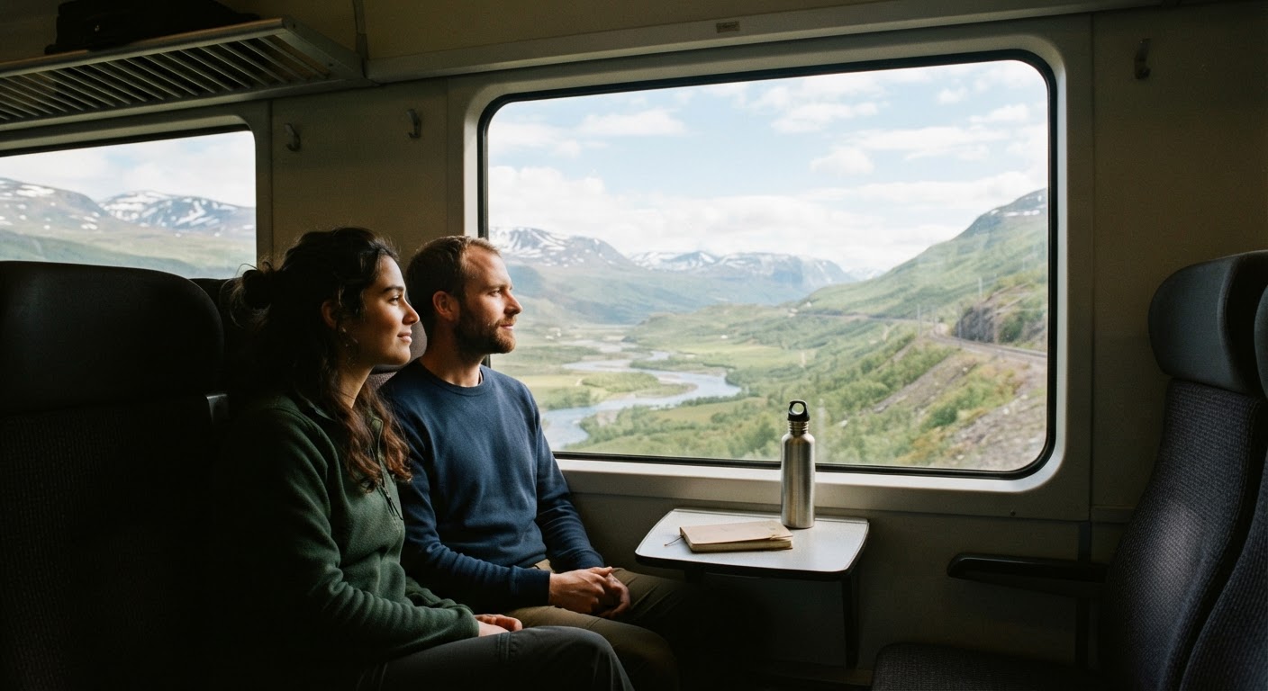 Personnes profitant d'une vue magnifique depuis la fenêtre d'un train