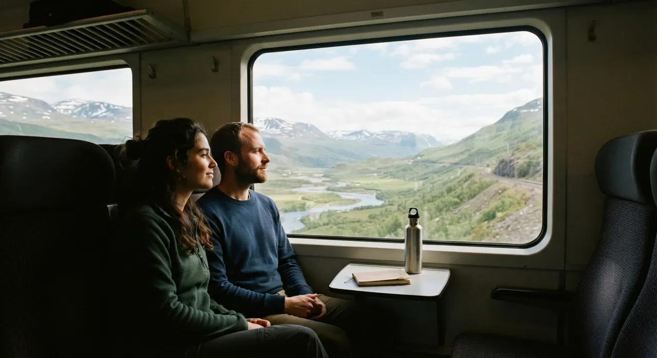 Personnes profitant d'une vue magnifique depuis la fenêtre d'un train